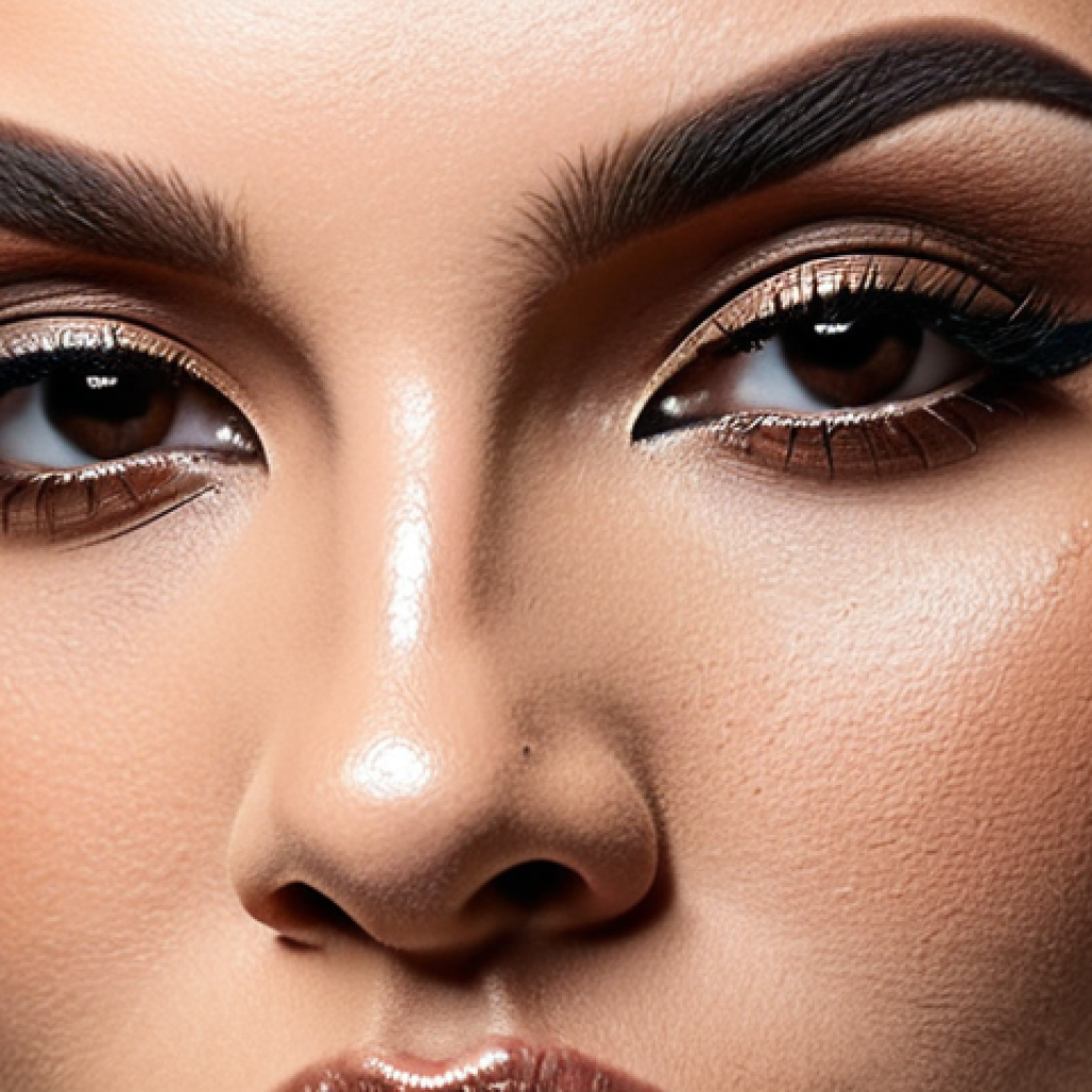 **Makeup Contouring:** "Close-up of a woman's face with expertly applied makeup contouring, emphasizing cheekbones and jawline, using contour powder and setting spray."