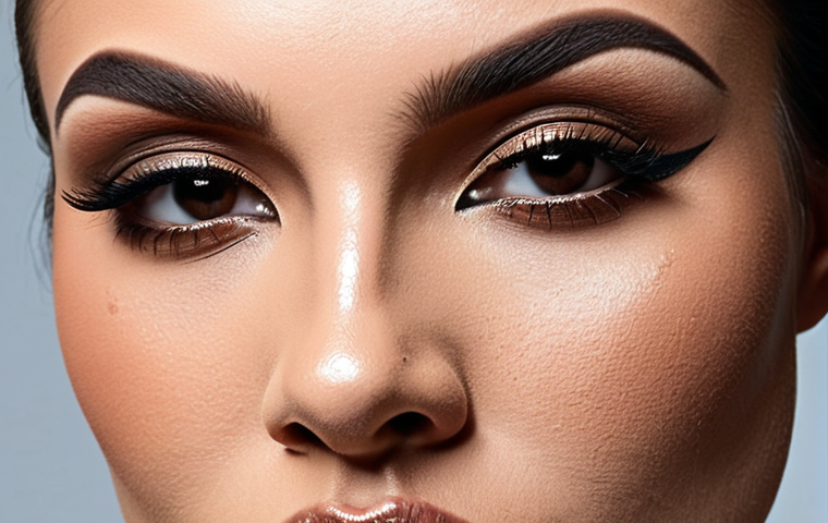 **Makeup Contouring:** "Close-up of a woman's face with expertly applied makeup contouring, emphasizing cheekbones and jawline, using contour powder and setting spray."